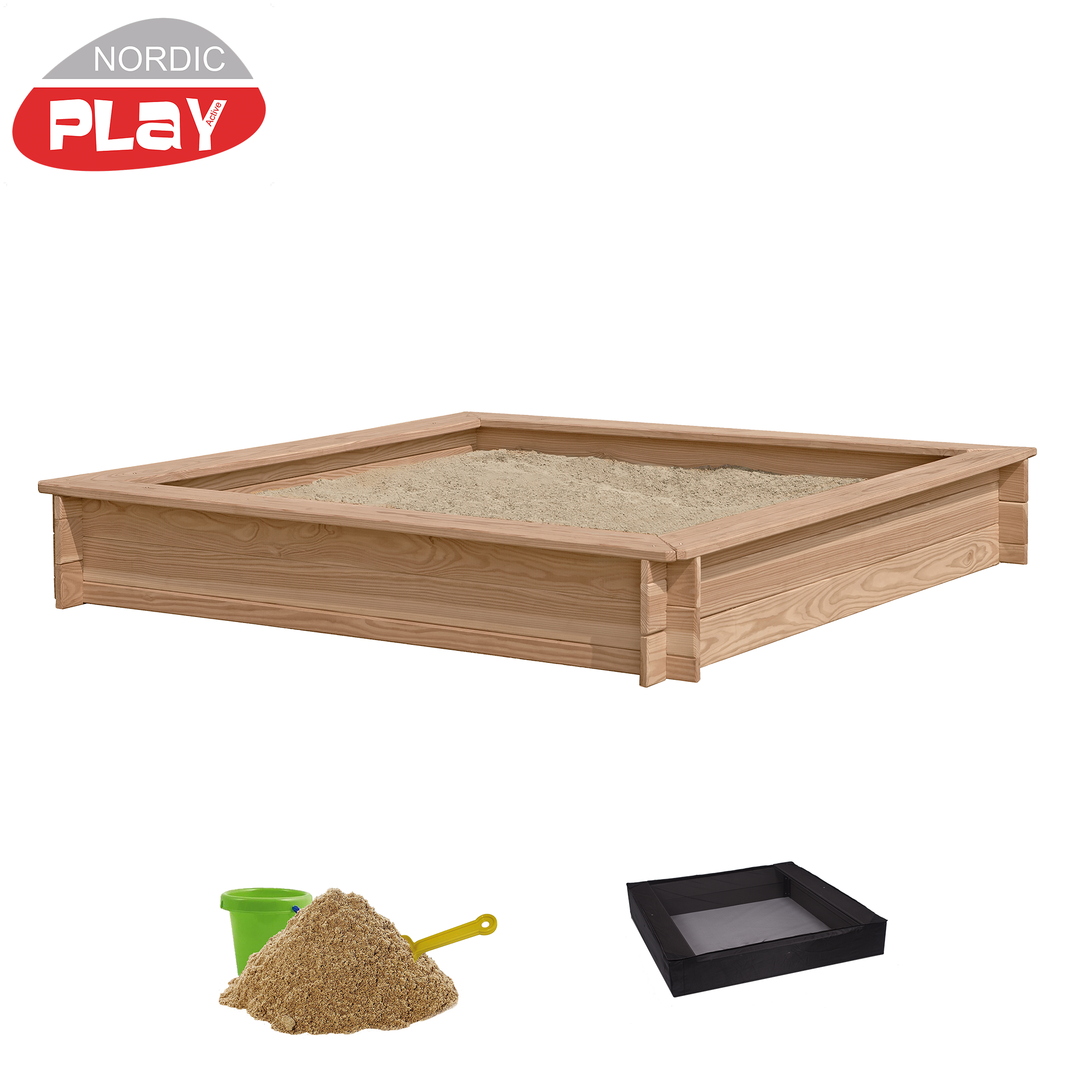 Sandlåda lärkträ 150 x 150 cm med 200 kg sand samt nät till sandlåda NORDIC PLAY