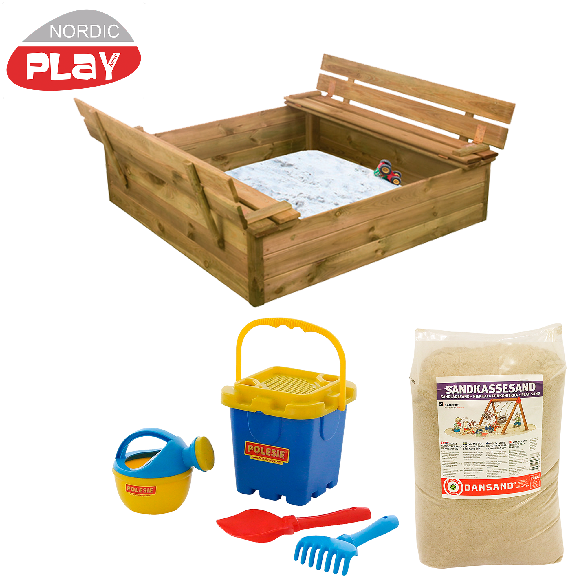 Sandlåda med bänk & lock 120 x 120 cm, med 240 kg sand och blått strandset NORDIC PLAY