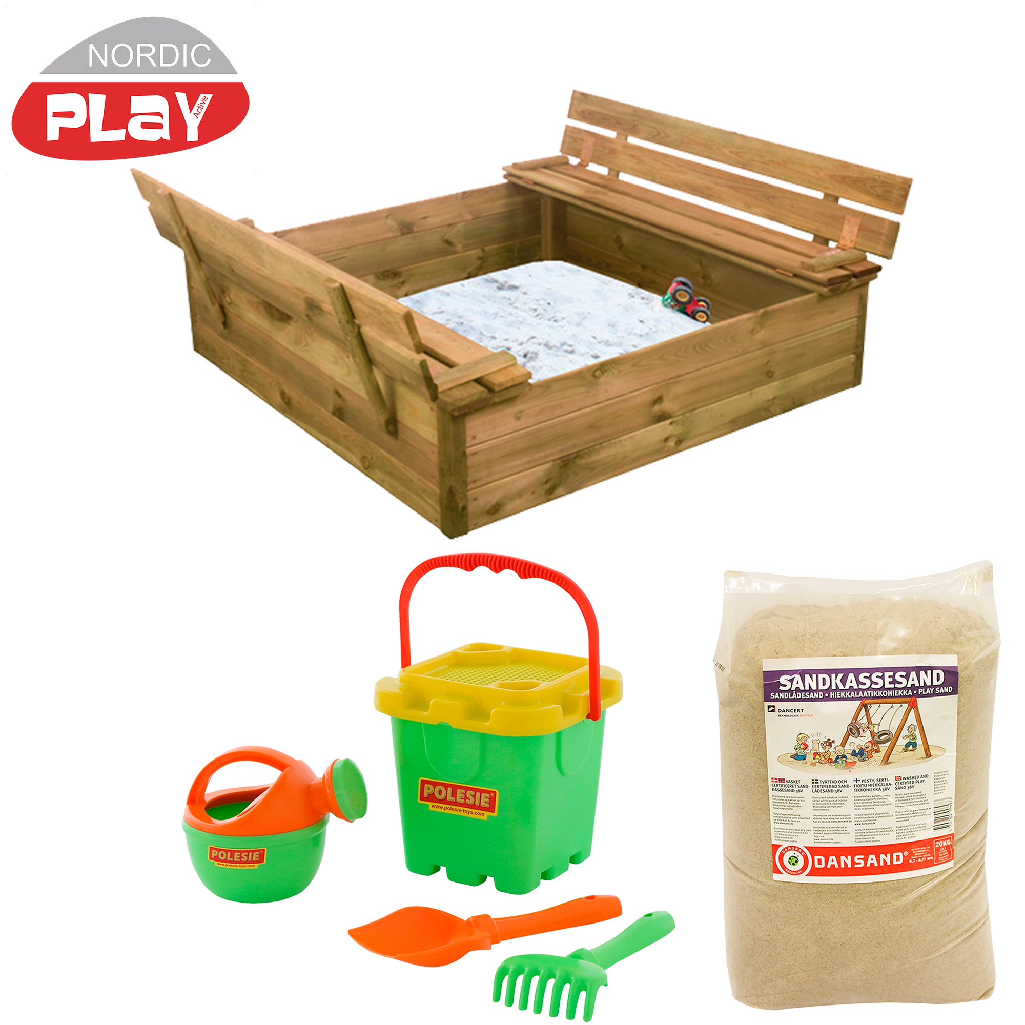 Sandlåda med bänk & lock, med 240 kg sand och grönt strandset NORDIC PLAY