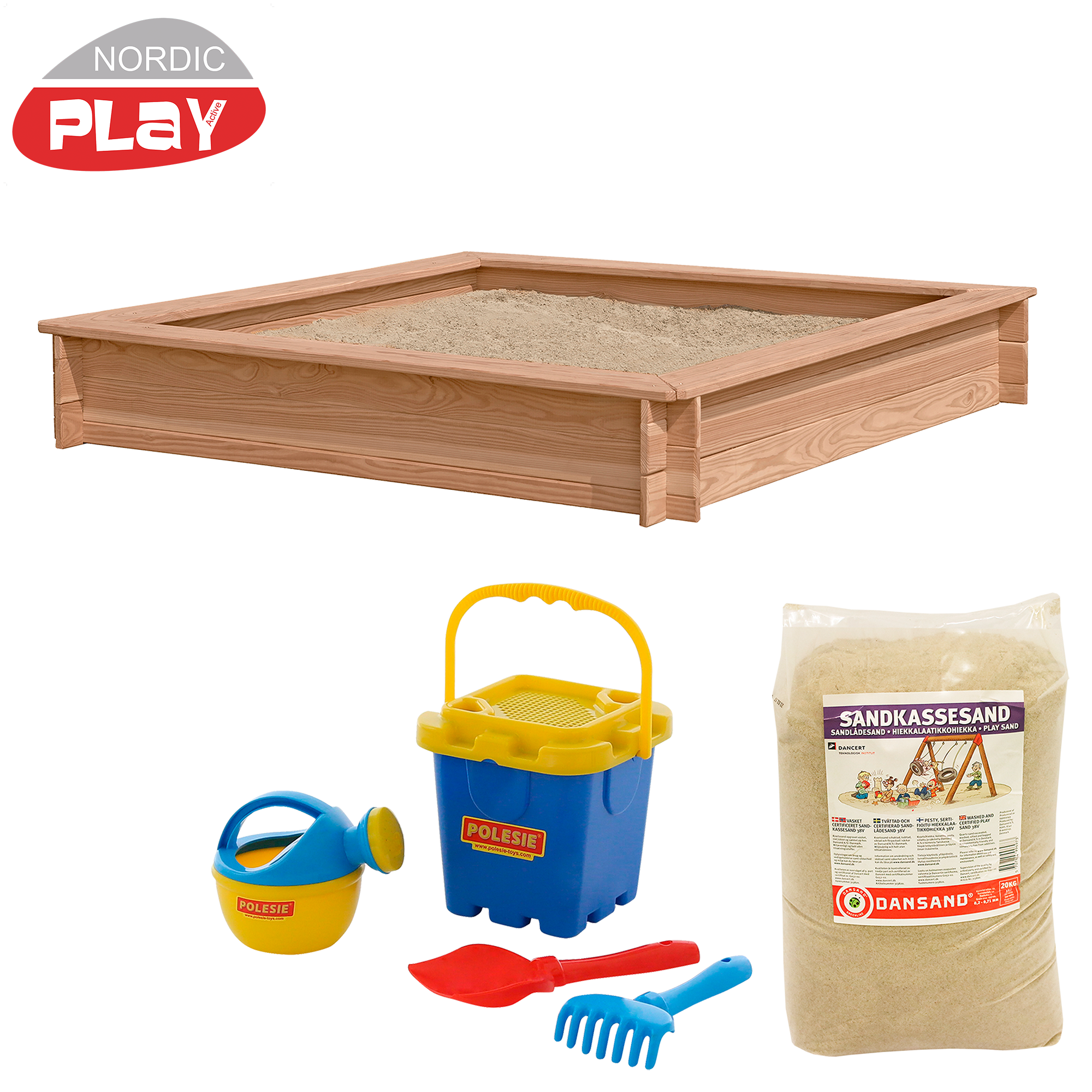 Sandlåda lärk 150 x 150 cm med 240 kg sand och blått strandset NORDIC PLAY