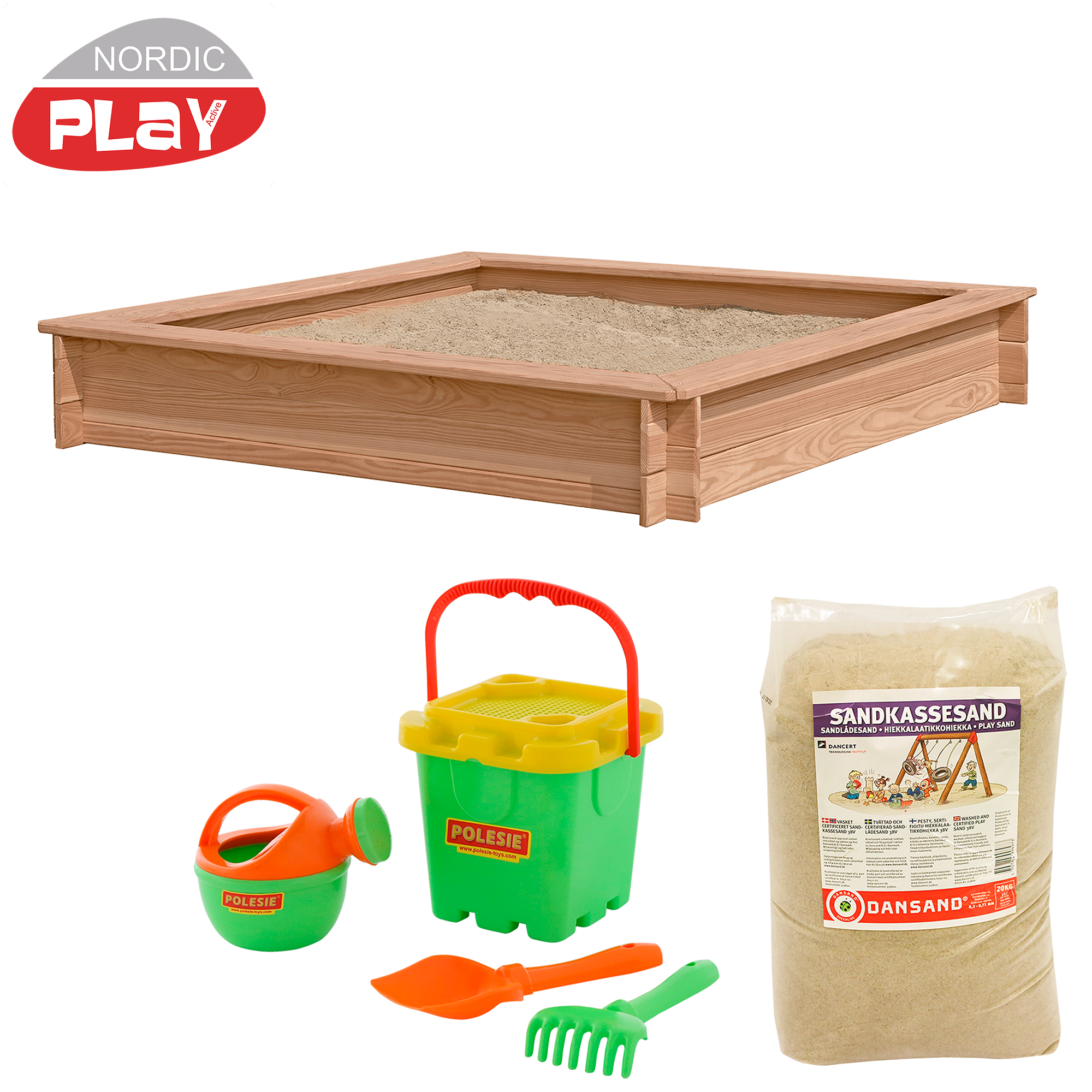 Sandlåda lärk 150x150 cm med 240 kg sand och grönt strandset NORDIC PLAY