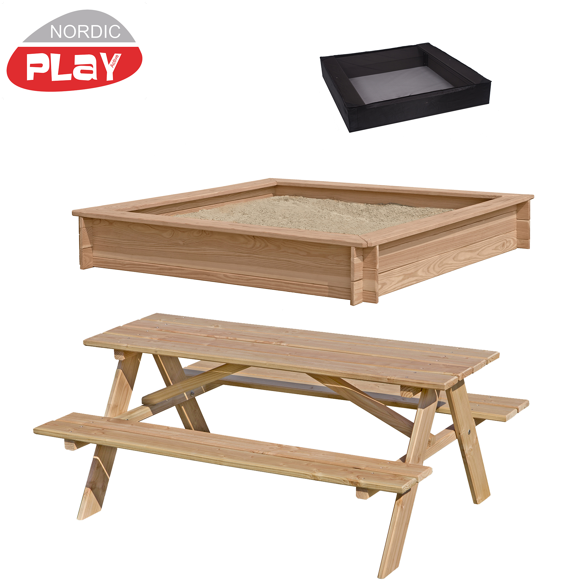 Set med barnpicknickbord och sandlåda i lärk, samt nät till sandlåda NORDIC PLAY