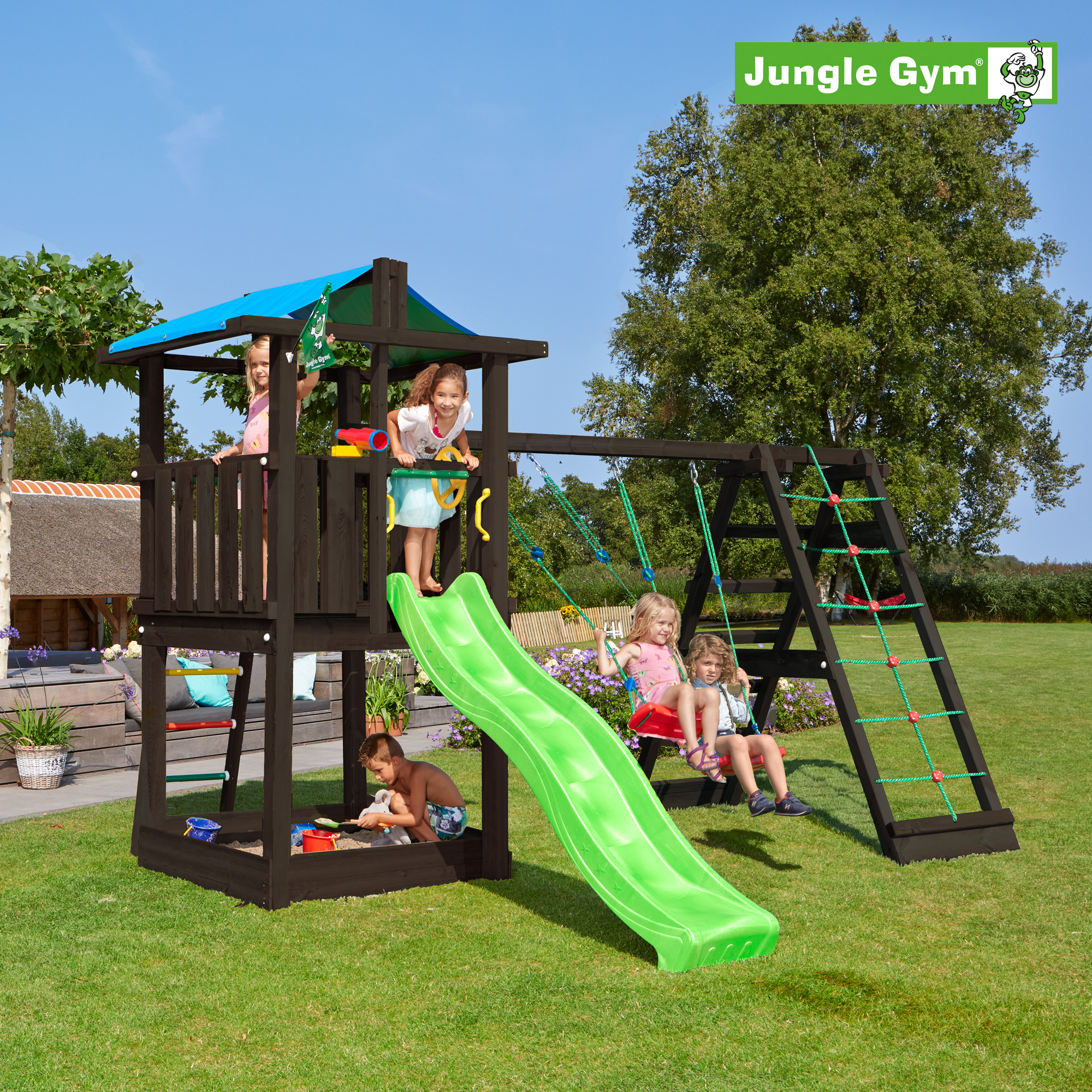 Lektorn Jungle Gym Hut 2.1, grundmålat svart, m/2-Climb Module 220 och grön rutschkana