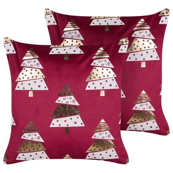 Set med 2 prydnadskuddar GOLDSPRUCE 45 x 45 cm Sammet Röd Julmotiv