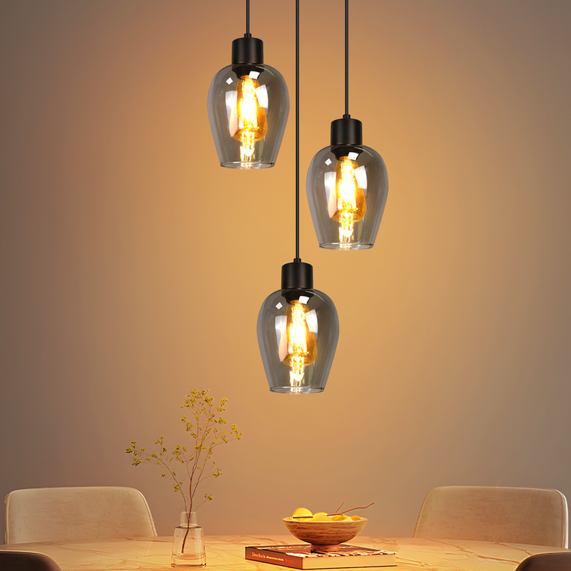 NETTLIFE Svart matbordslampa - Enkel E27-hänglampa tillverkad av rökfärgat vintageglas, utan ljuskälla