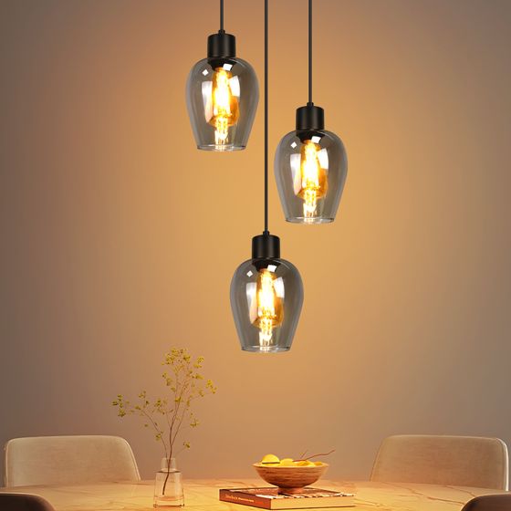NETTLIFE Svart matbordslampa - Enkel E27-hänglampa tillverkad av rökfärgat vintageglas, utan ljuskälla