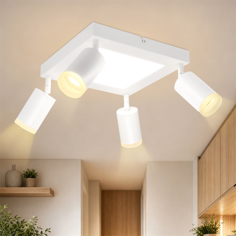 NETTLIFE Takspotlight 4 fyrkantiga ljuskällor 3000K GU10 enkel installation varmvit 350° justerbar modern