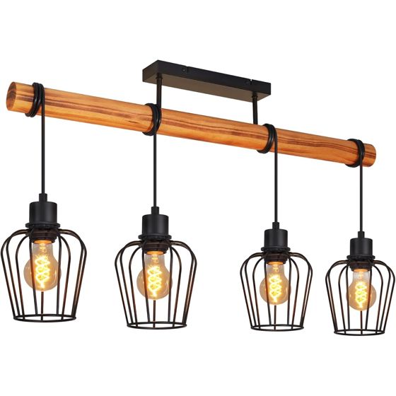NETTLIFE Vintage taklampa i trä och svart metall, industriell lampa 4xE27 för vardagsrum, kök och matsal (utan glödlampor)