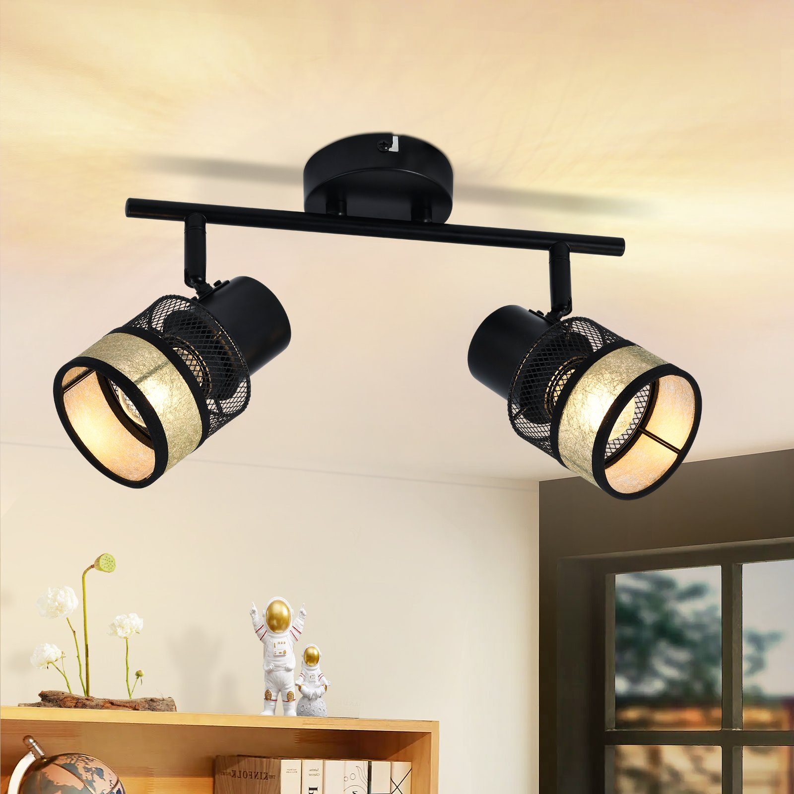 NETTLIFE Taklampa med 2 spotlights, max. 25 W, metall, E27, svart, vintagestil, lämplig för hallar, 330°