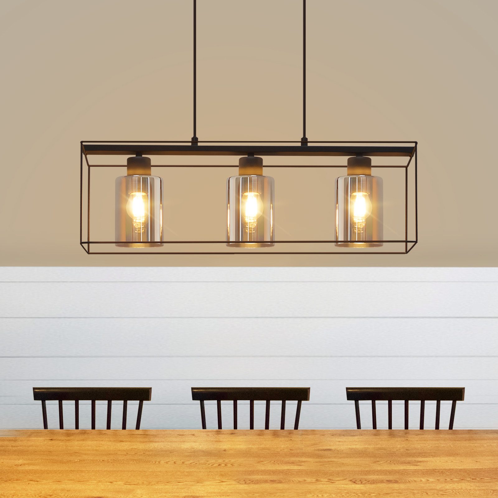 NETTLIFE svart pendellampa, 3 vintage glaslågor, E27, höjdjusterbar pendellampa
