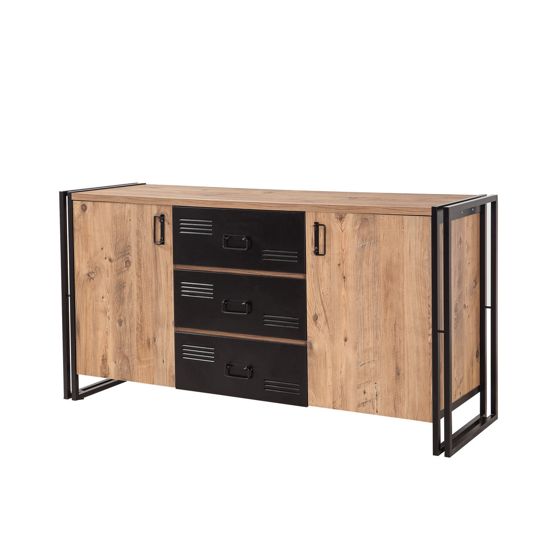 Norda Design industriellt konsolbord, Atlantic Pine & svart, 160x80x45 cm | 100% melamin, metallram & lådor
