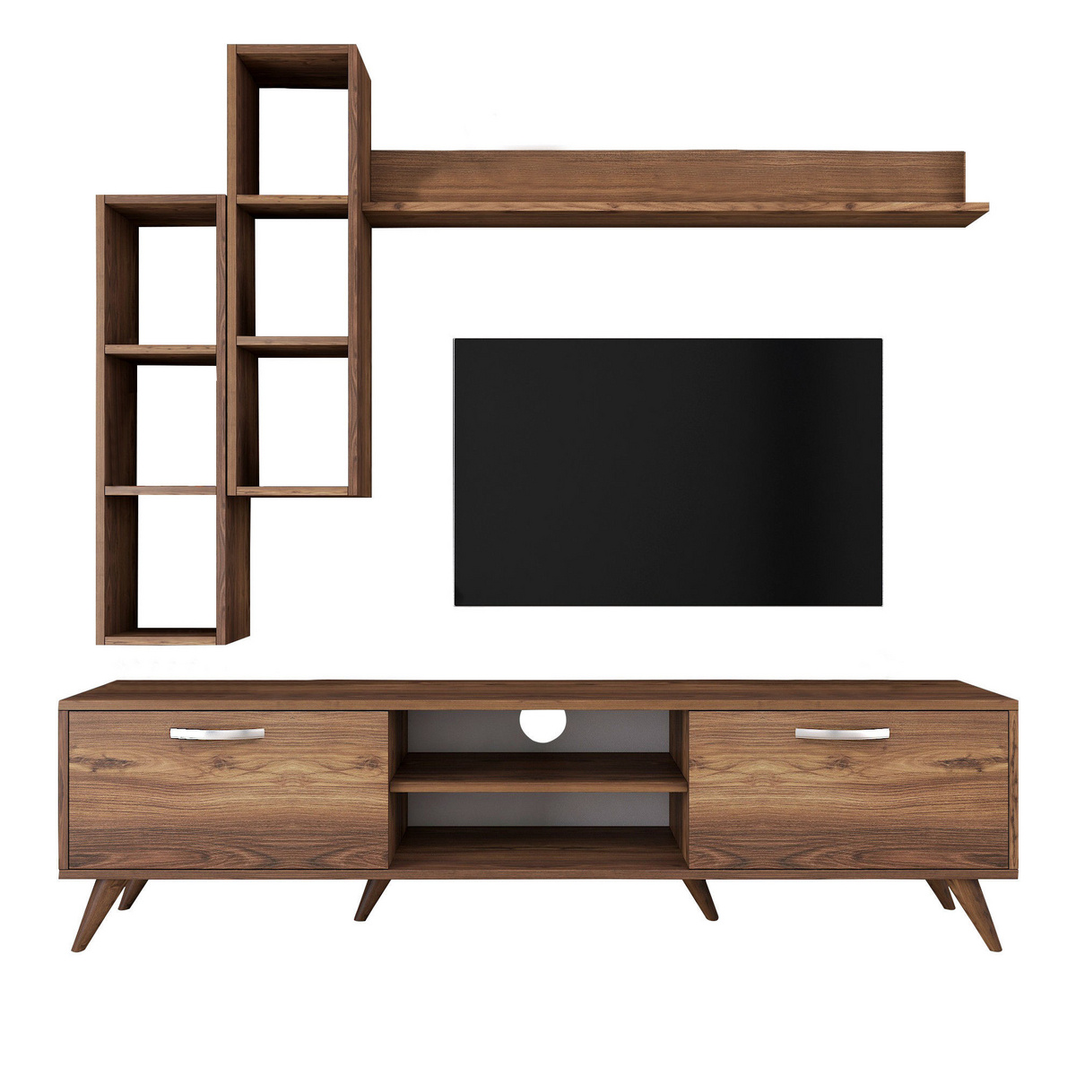 Norda Design Modern TV-bänk i valnöt med vägghyllor, 100 % melaminbelagd, 180 cm | Stilren och funktionell design