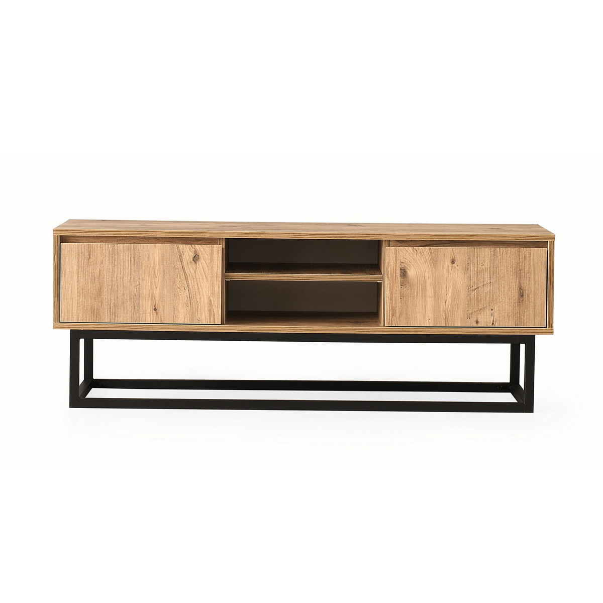 Norda Design Industriell TV-bänk med metallben, svart och furu, 180 cm | 100 % melaminbelagd, 2 lådor och hyllor