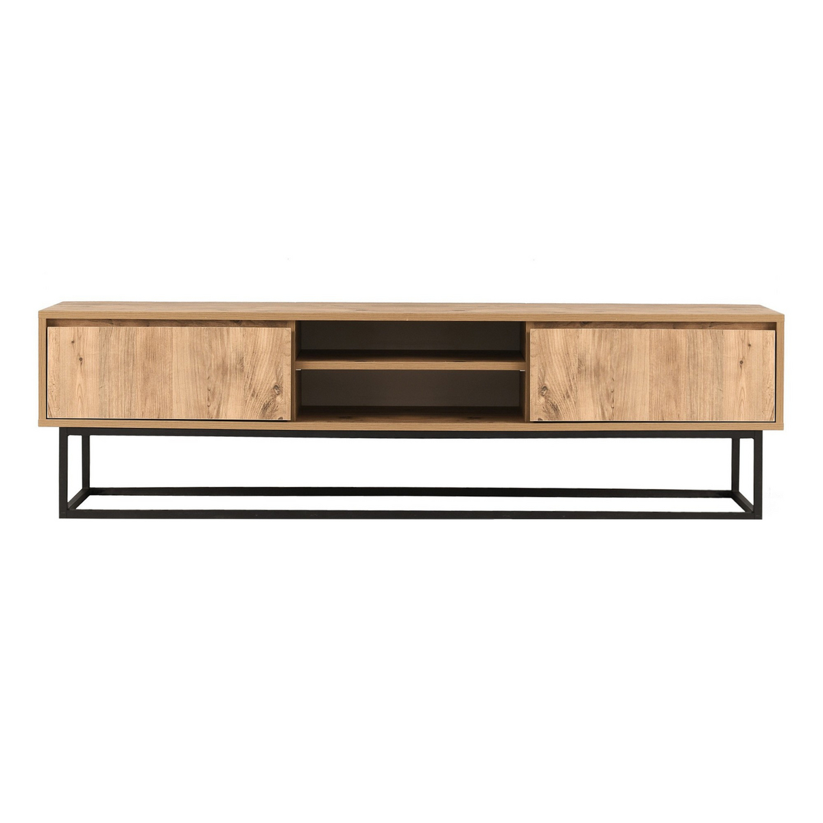 Norda Design modern TV-bänk med metallben, svart och furu, 140 cm | 100% melaminbelagd, 2 lådor, väggmonterbar