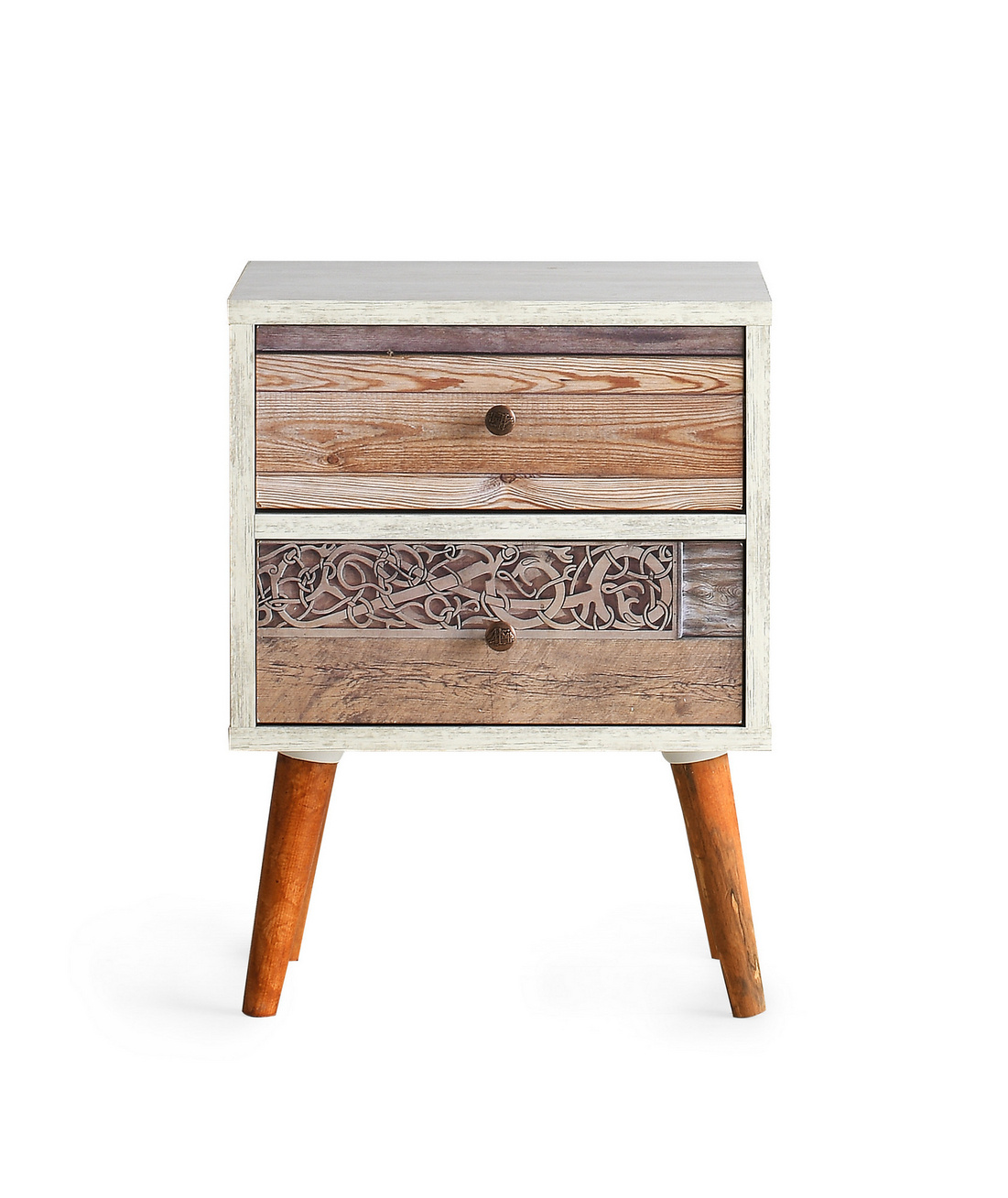 Norda Design Rustikt nattduksbord med 2 lådor, vit och valnöt, 40 x 55 x 35 cm | 100 % melaminbelagd, ben i trä
