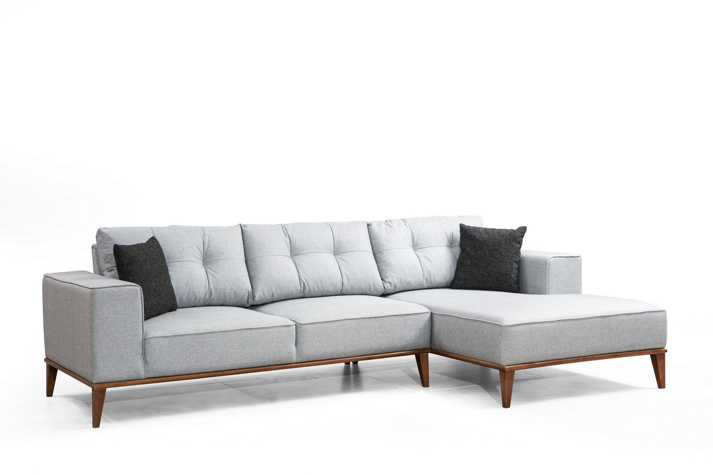 Norda Design Stilren hörnsoffa med bäddfunktion, ljusgrå, 288 x 160 cm | ram i bokträ och spånskiva, 100 % polyester, ben i valnöt | bekväm och mångsidig