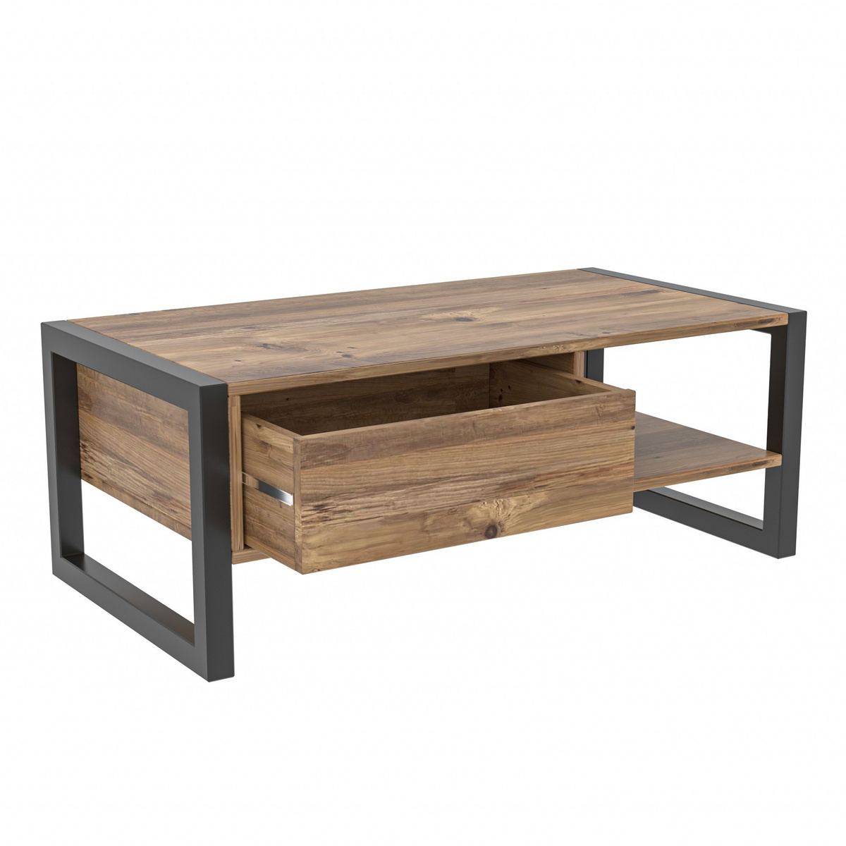 Norda Design Modernt soffbord med låda, Atlantic Pine och svart, 105 cm | 100 % melamin och metallram | Stilrent och funktionellt