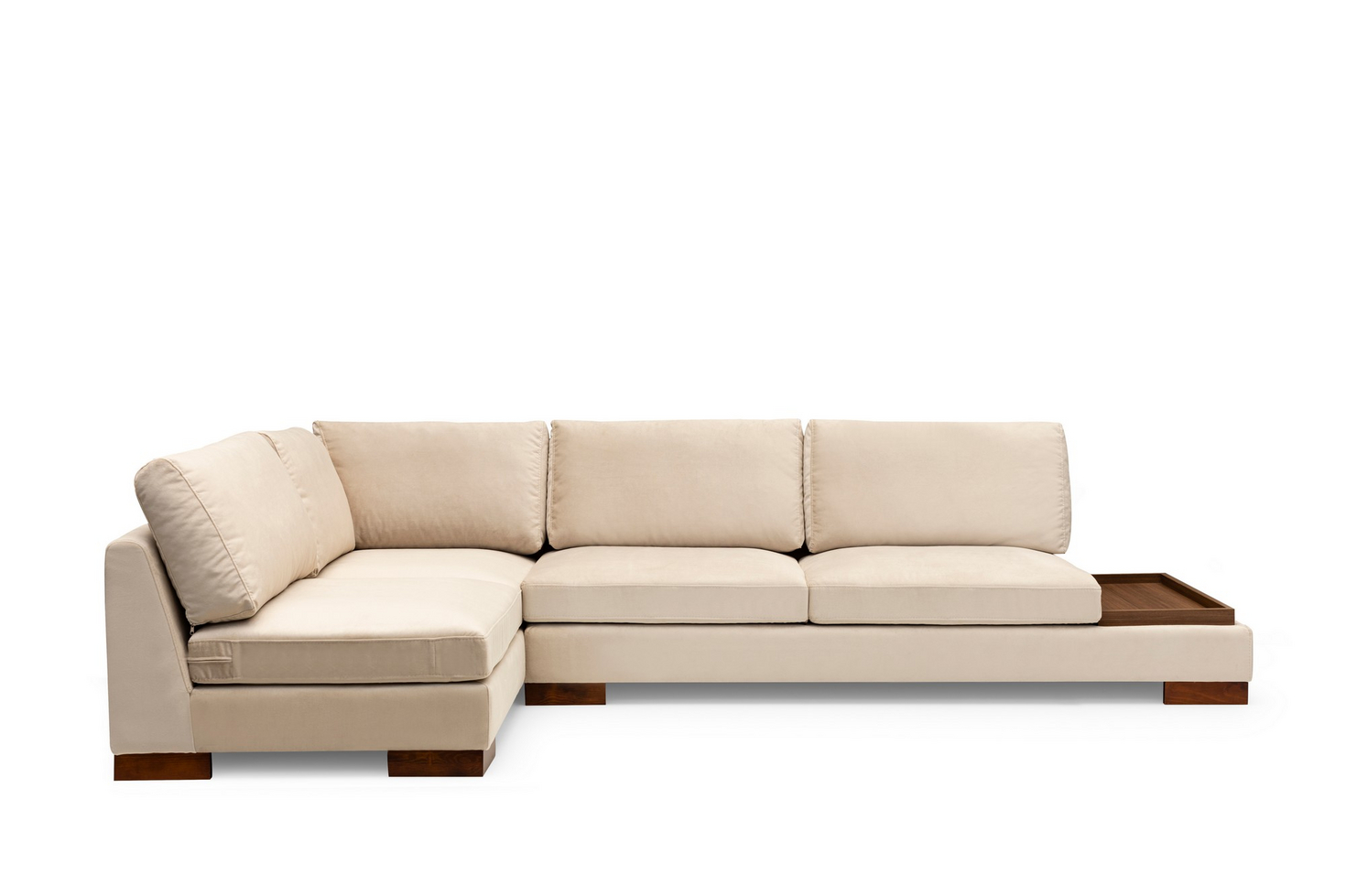 Norda Design Elegant hörnsoffa, beige, 193x313 cm | stomme i bokträ, 100 % polyester, ben i valnöt | 2 kuddar ingår