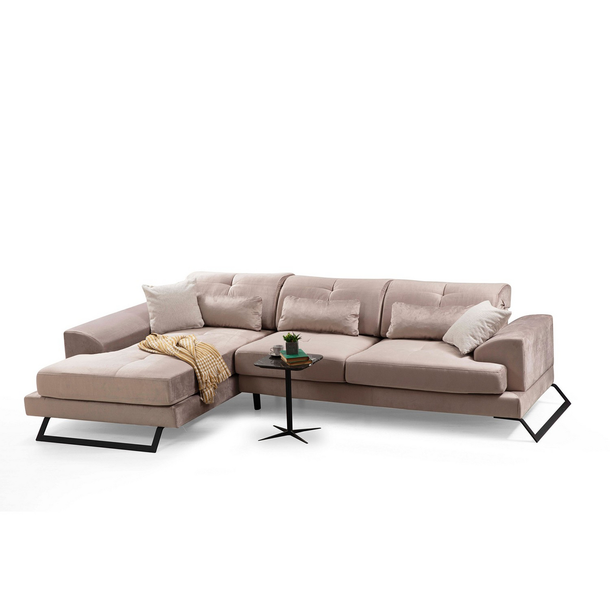 Norda Design beige hörnsoffa med justerbart ryggstöd, ram i bokträ, 5 kuddar, modern industriell design