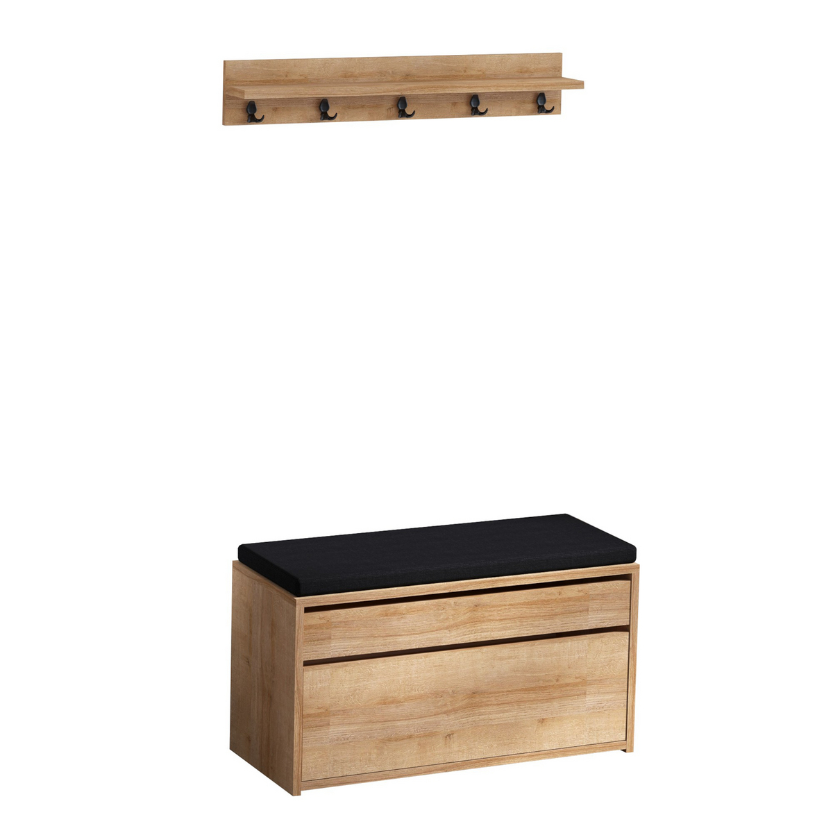 Norda Design Modern hallmöbel med vägghylla och klädhängare, ek & svart, 80x42x35 cm | 100% melamin, skandinavisk design