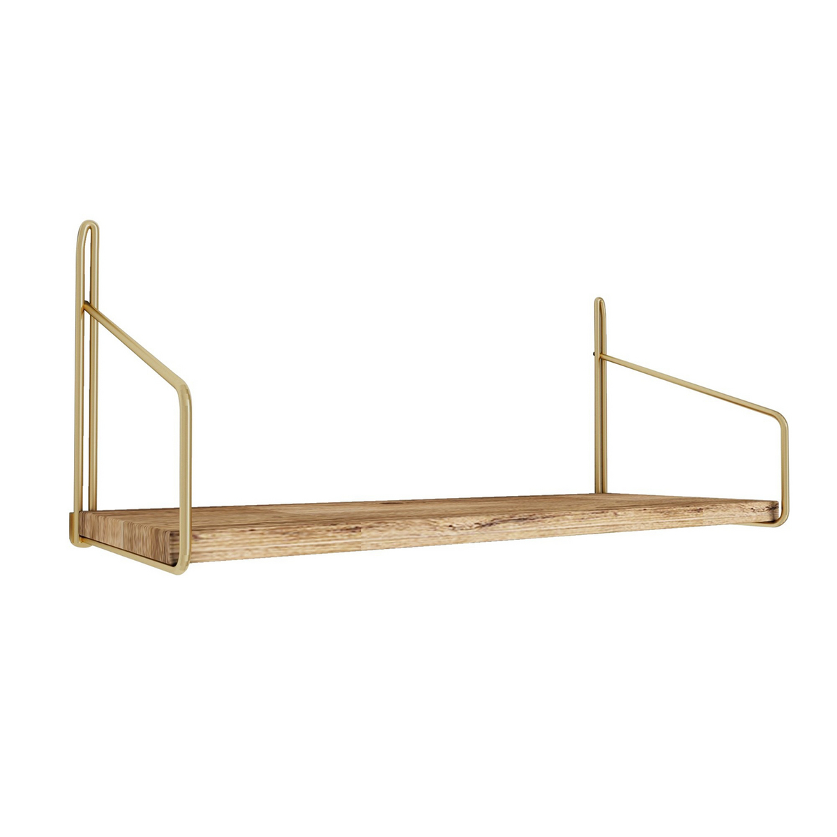 Norda Design Vägghylla i massivt trä med metallkonsoler, 45 x 16 x 16 cm, guld och brun | Maxvikt 3 kg, modern industridesign