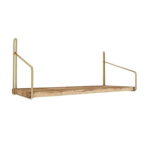 Norda Design Vägghylla i massivt trä med metallkonsoler, 45 x 16 x 16 cm, guld och brun | Maxvikt 3 kg, modern industridesign
