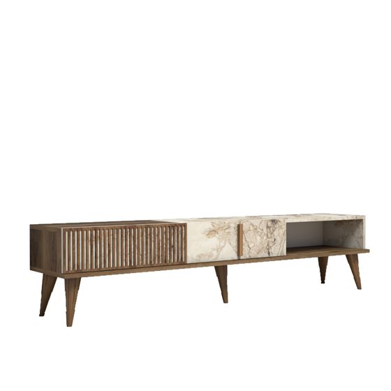 Norda Design Modern TV-bänk med marmormönster, valnöt & vitt, 180 cm | 100 % melaminbelagd, 30 kg kapacitet