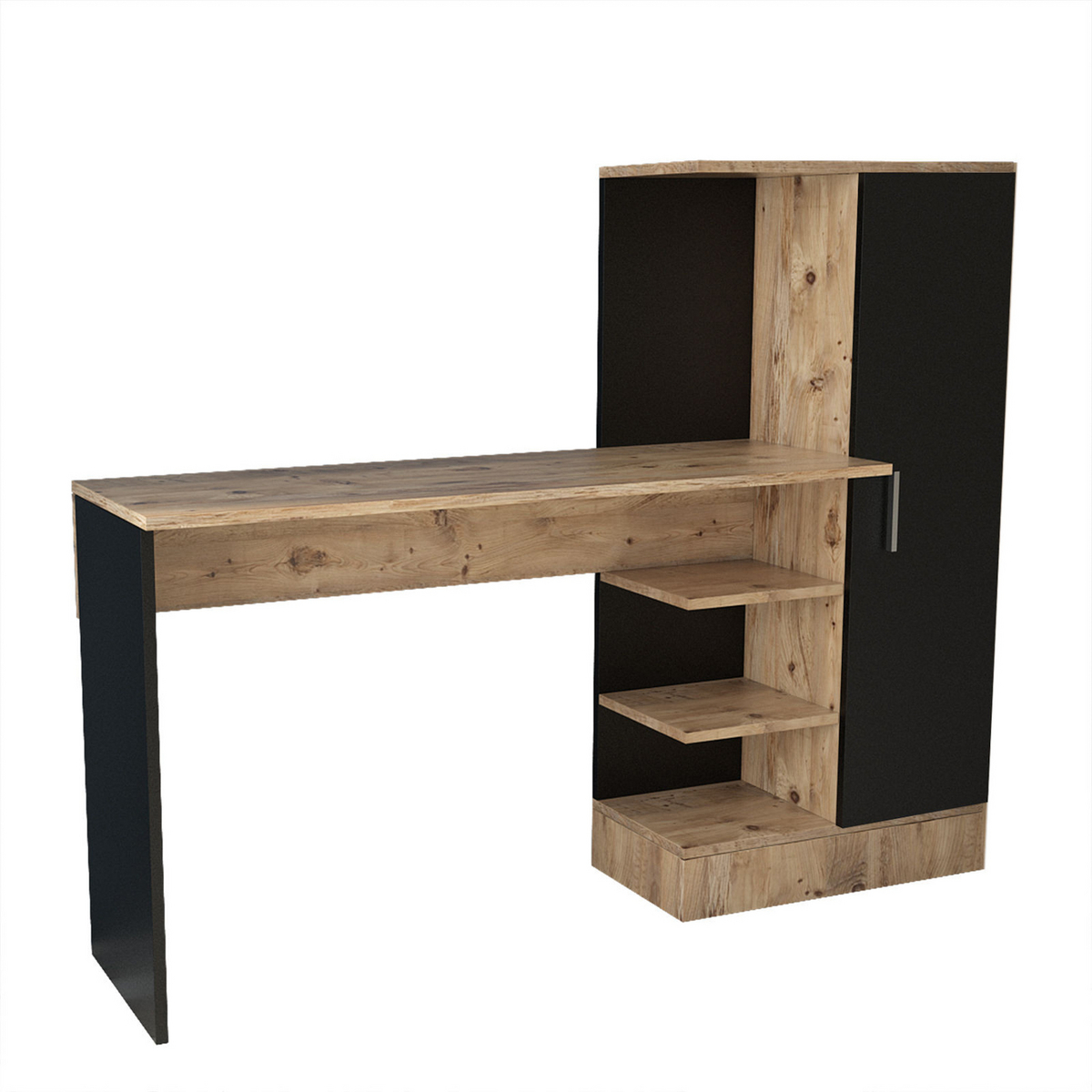 Norda Design Modernt skrivbord för studier, Atlantic Pine och svart, 152,3 x 120 x 40 cm | 100 % melaminbelagt, 18 mm tjockt