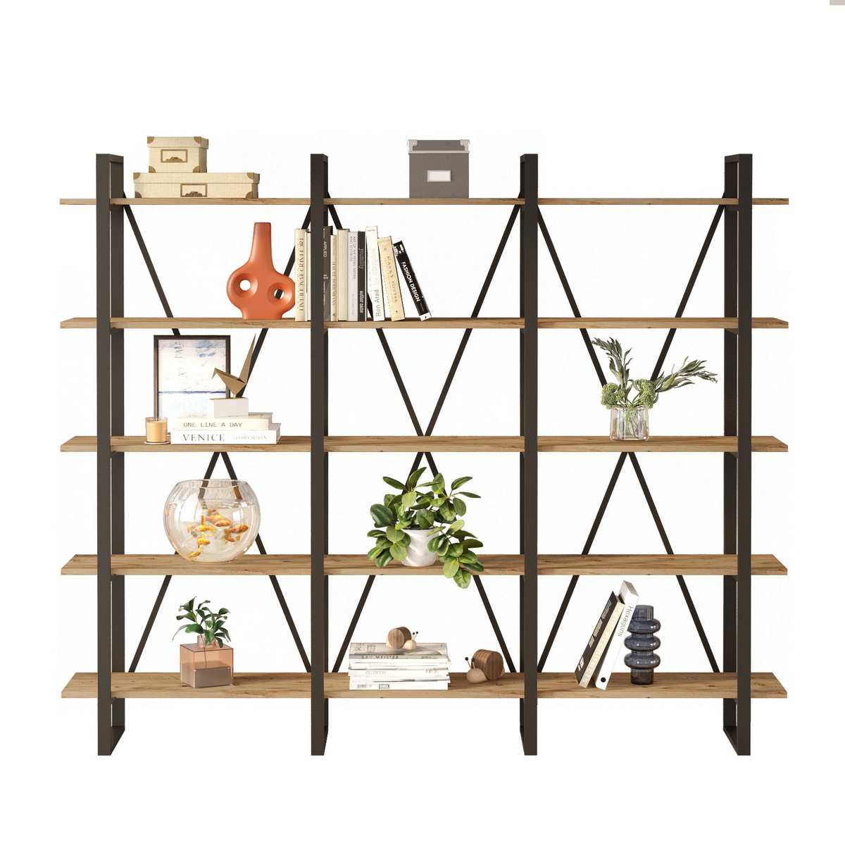Norda Design modern industriell bokhylla, Atlantic Pine, 219,6 x 180 x 34 cm | 100% melaminbelagd, metallram