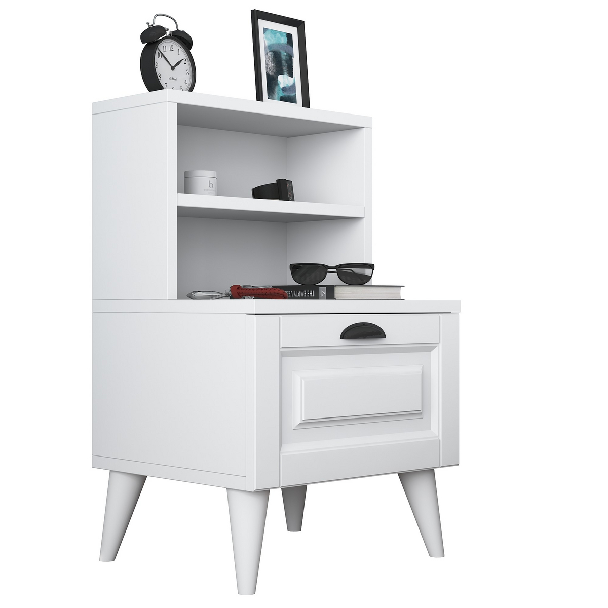 Norda Design Modernt vitt nattduksbord med flera hyllor, 100 % melaminbelagt, 45x74,4x40 cm | Stilfull förvaringslösning