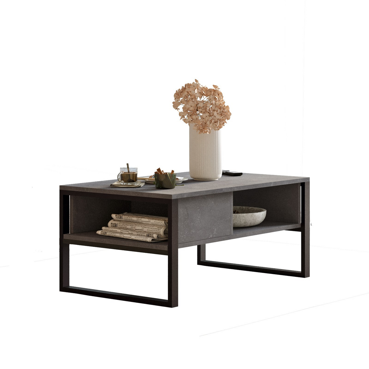 Norda Design Modernt soffbord med metallram, silver, 100 cm | 100 % melaminbelagt, 18 mm tjockt | Stilrent och funktionellt med flera hyllplan