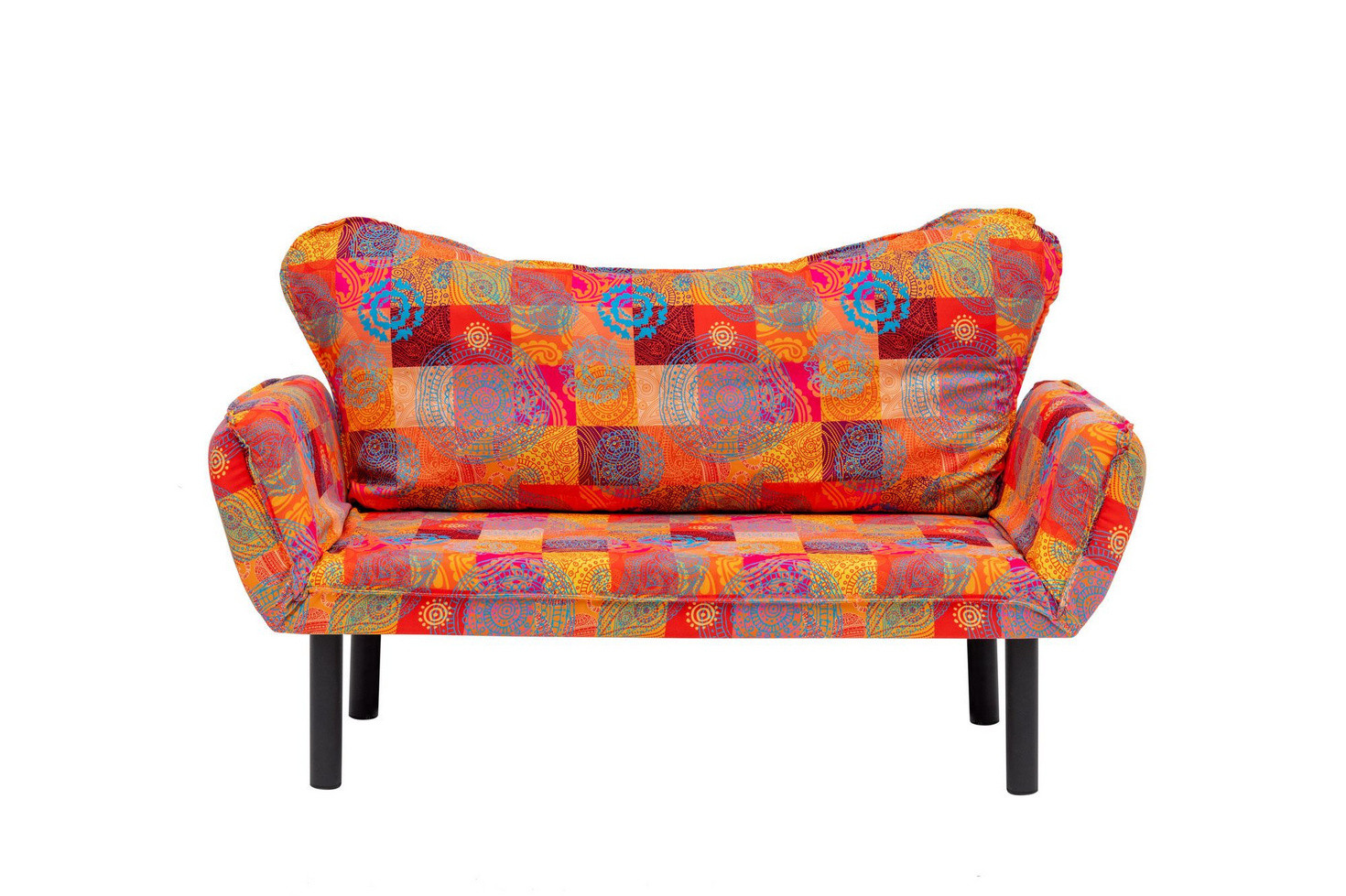 Norda Design stilig 2-sits bäddsoffa, metallram, patchwork-tyg, 150 cm | justerbart armstöd, 200 kg kapacitet, bohemisk design