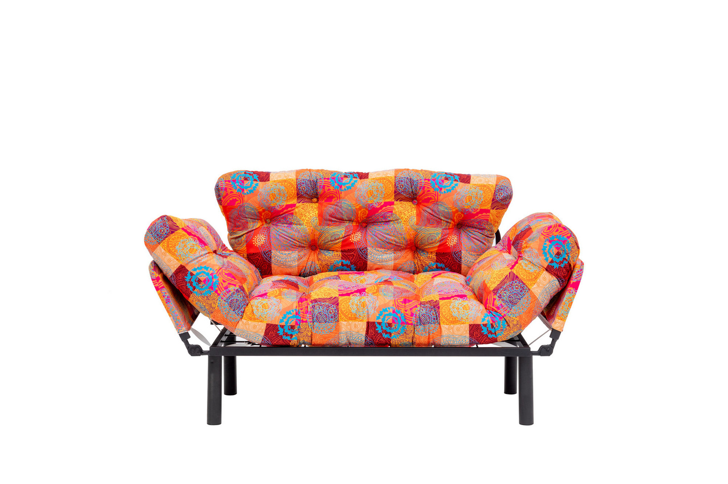 Norda Design Stilfull 2-sits bäddsoffa, metallram, patchwork-tyg, 155 cm | justerbara armstöd, maxvikt 200 kg, bohemisk design