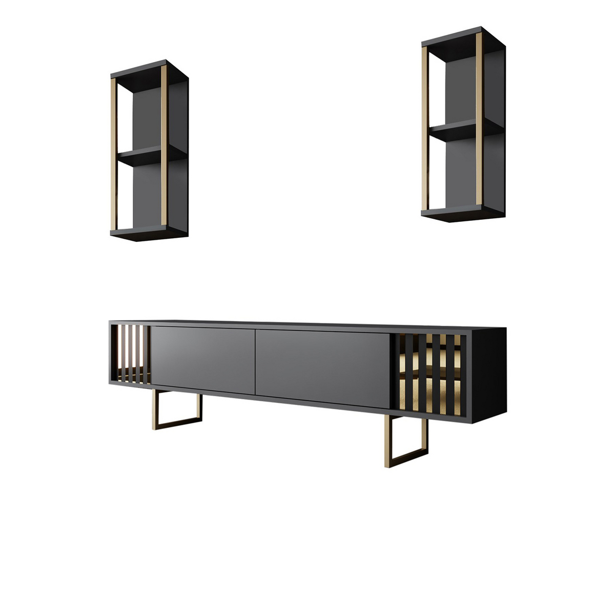 Norda Design modern TV-bänk med vägghyllor, antracit & svart, 100 % melaminbelagd, metallben, 180 cm bred
