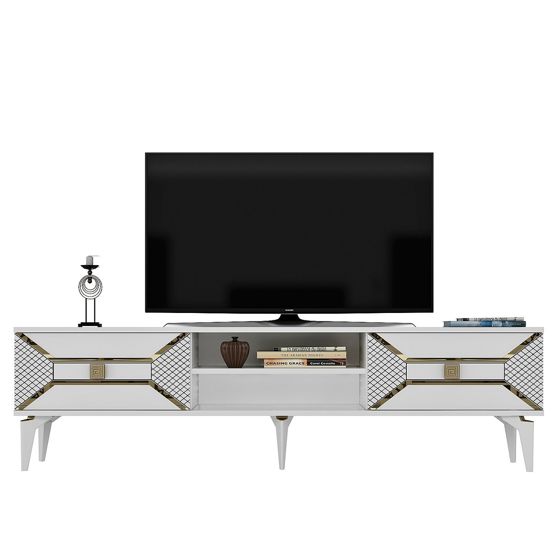 Norda Design Modern TV-bänk med gulddetaljer, 150 cm | 100% melaminbelagd, 18 mm tjock | Stilren vit- och gulddesign