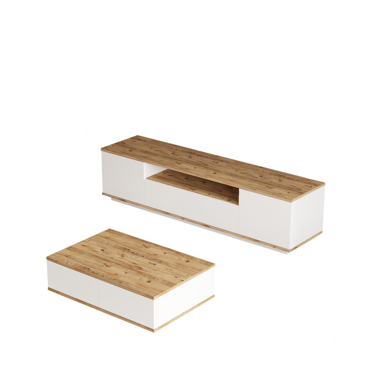Norda Design Modernt möbelset för vardagsrum, Atlantic Pine och vit, 100% melamin, TV-bänk och soffbord | Stilrent och funktionellt