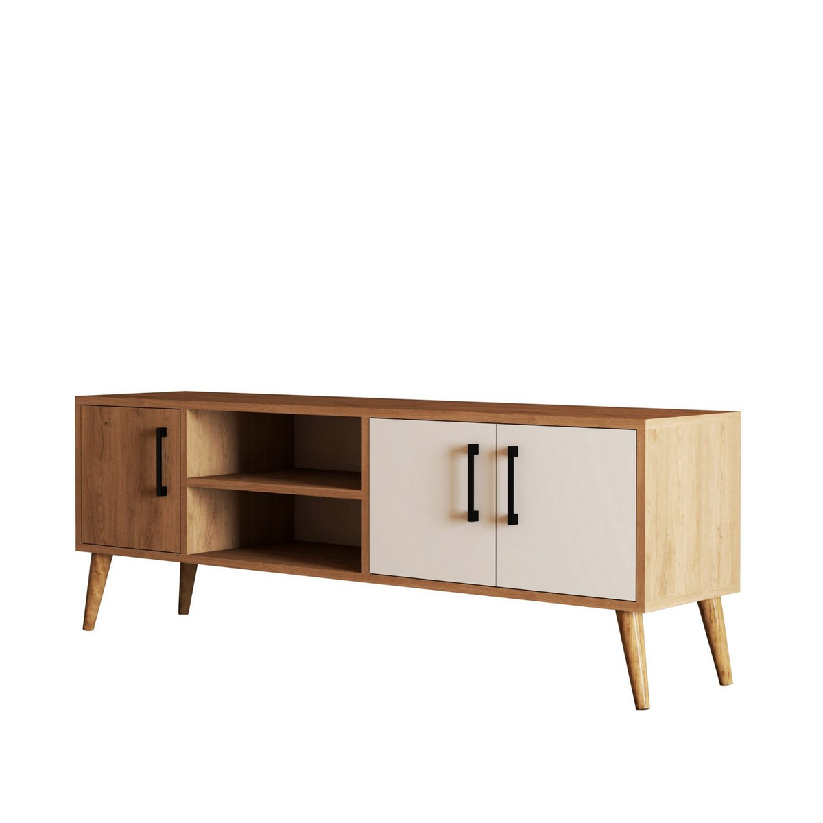 Norda Design Modern TV-bänk med träben, ek och vit, 150 cm | 100 % melaminbelagd, väggmonterbar, stilren design