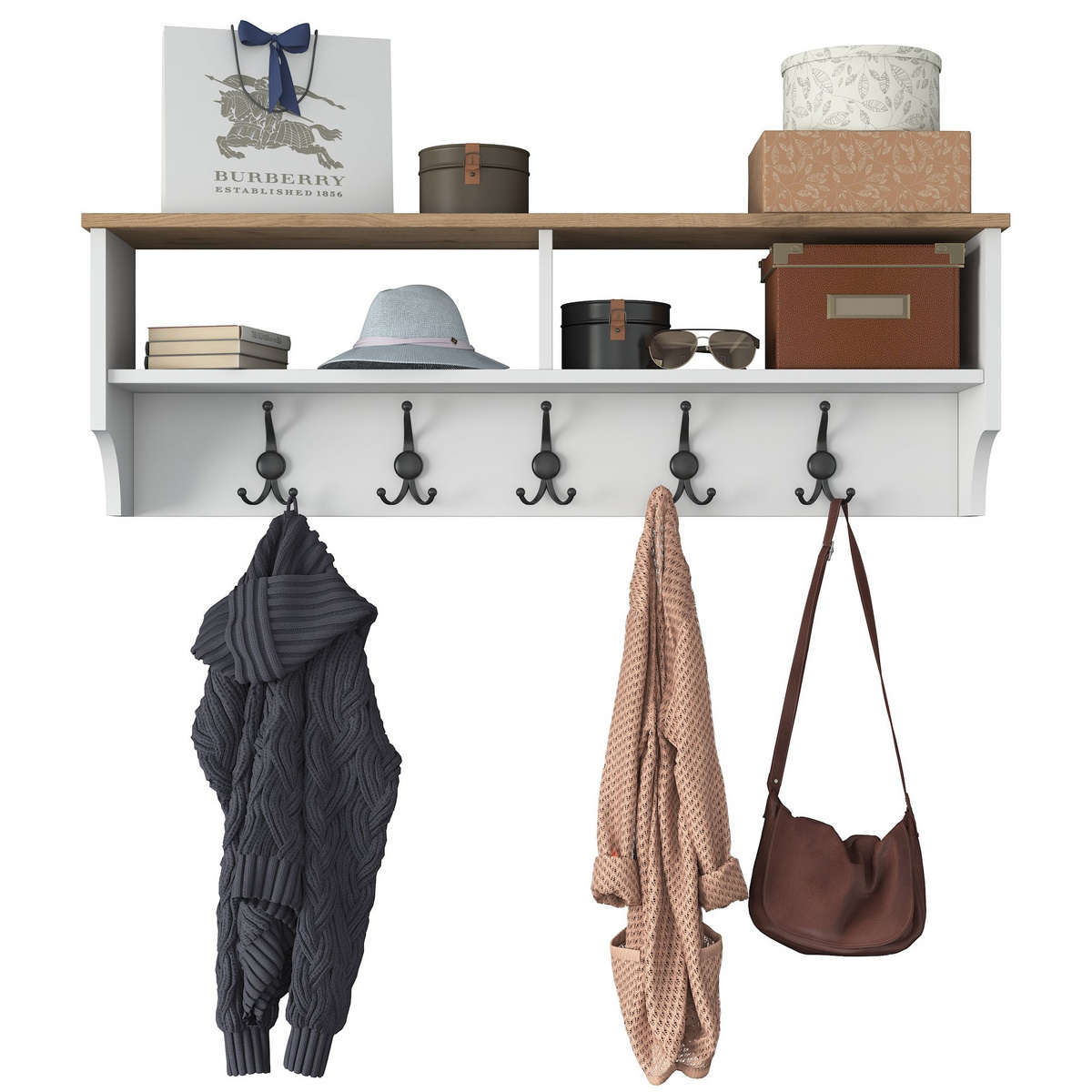 Norda Design Elegant hatthylla med metallkrokar, vit och valnöt, 120 cm | 100 % melaminbelagd, väggmonterbar, 18 mm