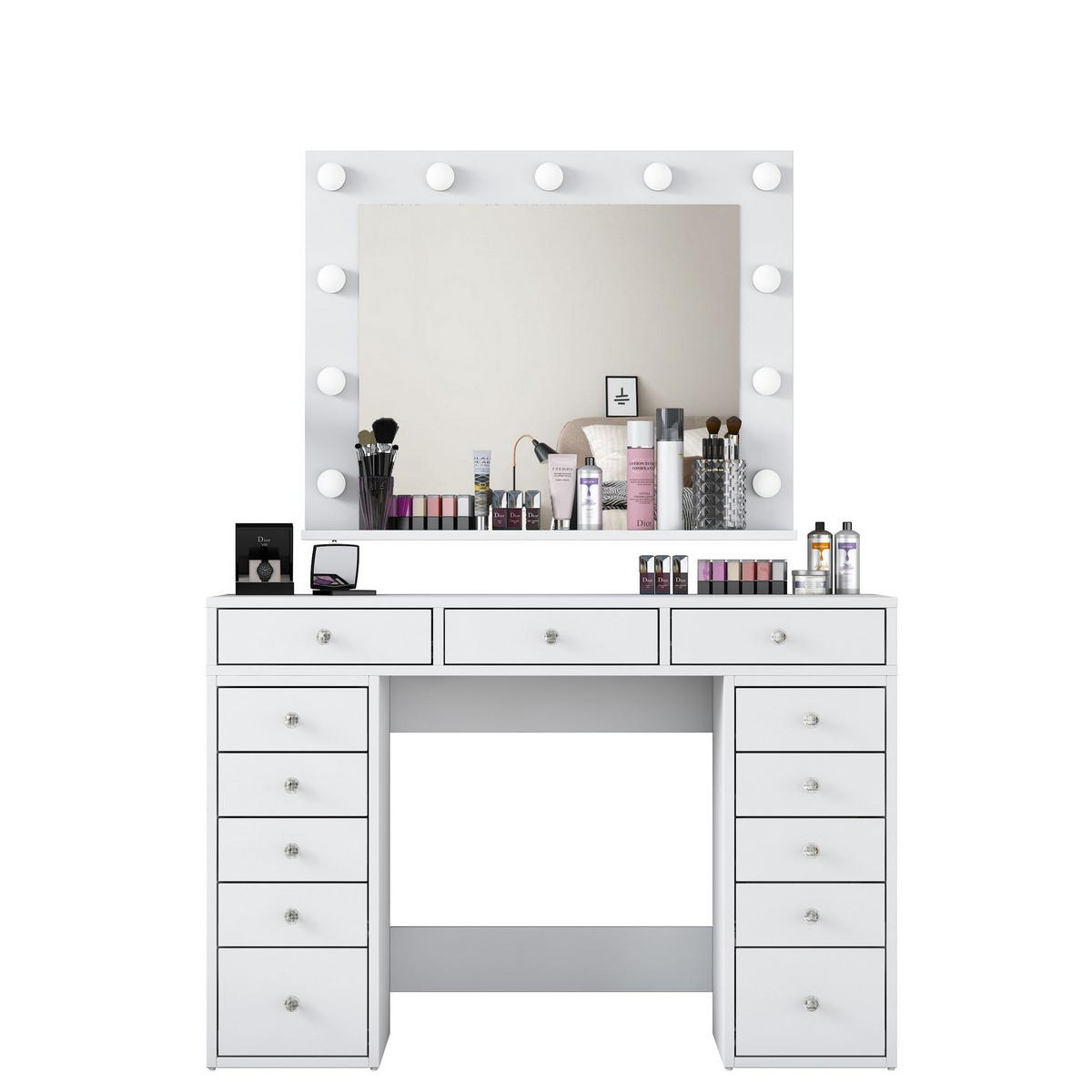 Norda Design modernt vitt sminkbord med spegel och 11 lampor, 120 cm | 100% melaminbelagd E1-spånskiva, 18 mm
