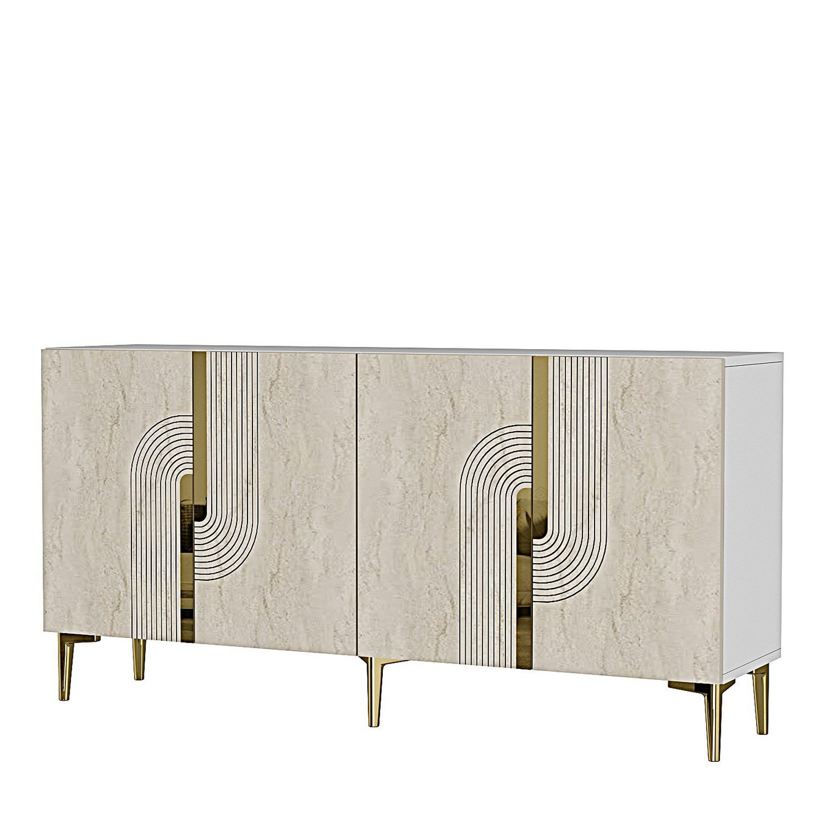 Norda Design Elegant konsolbord, vitt och travertin med gulddetaljer, 150 cm | 100 % melamin, väggmonterbart, modern design