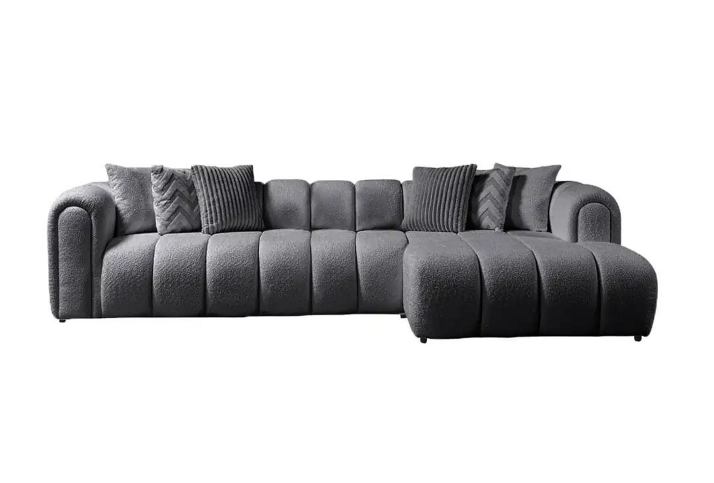 Norda Design Stilren mörkgrå hörnsoffa, 265x185 cm, 7 kuddar, lättskött tyg, 240 kg kapacitet | Modern komfort