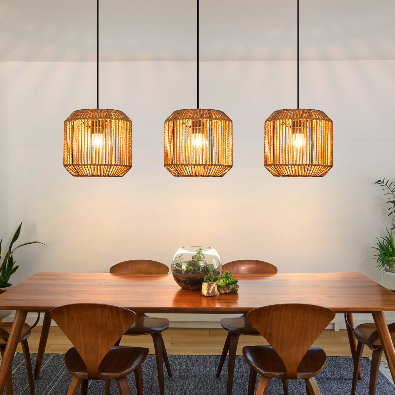 NETTLIFE 3-ljuslampor rottingpendellampa vintage flätad hö E27 boho justerbar höjd sovrum vardagsrum (lampa ingår ej)