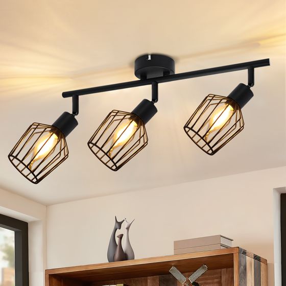 NETTLIFE 3 takspotlights E14 - Metallisk, 350° roterbar industriell halllampa, vägglampa för hall/vardagsrum, svart