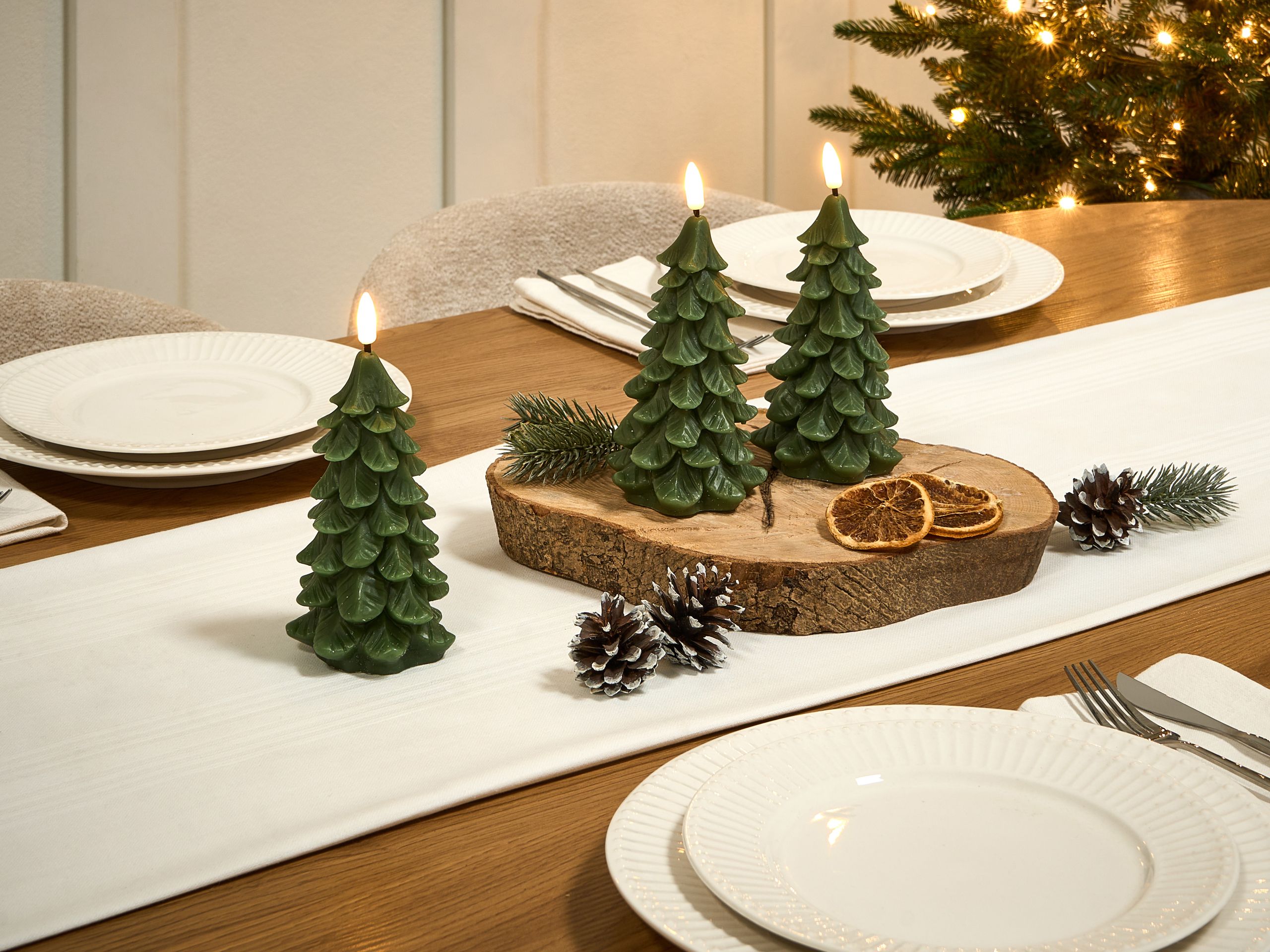 Set med 3 LED-ljus VELOURA 16 cm Julgran Grön