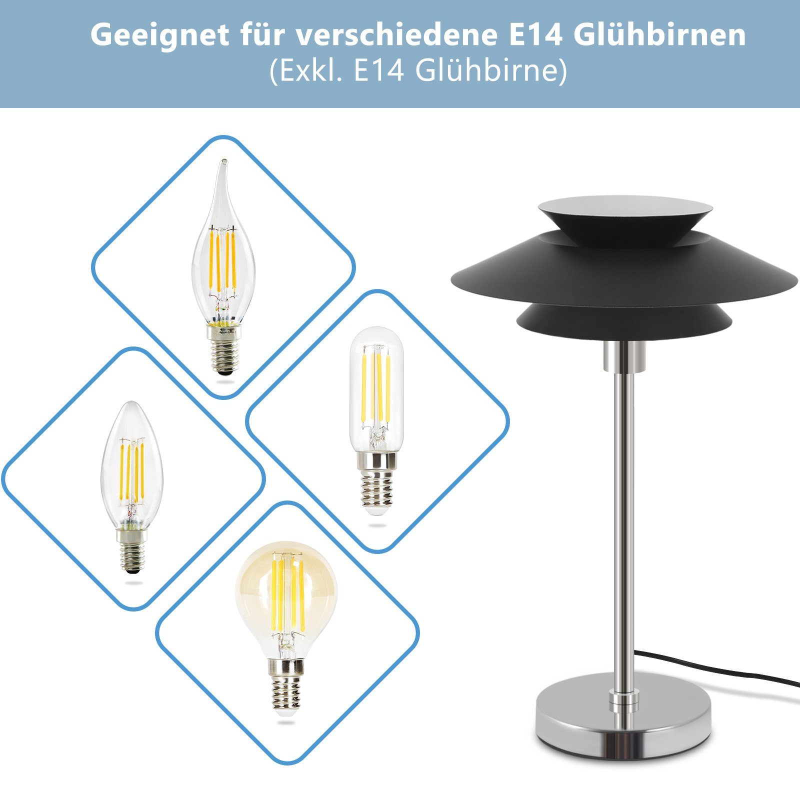 NETTLIFE svart bordslampa, modern sänglampa, E14 1 låga för vardagsrum, design - metall, bordslampa med sladd, sänglampa