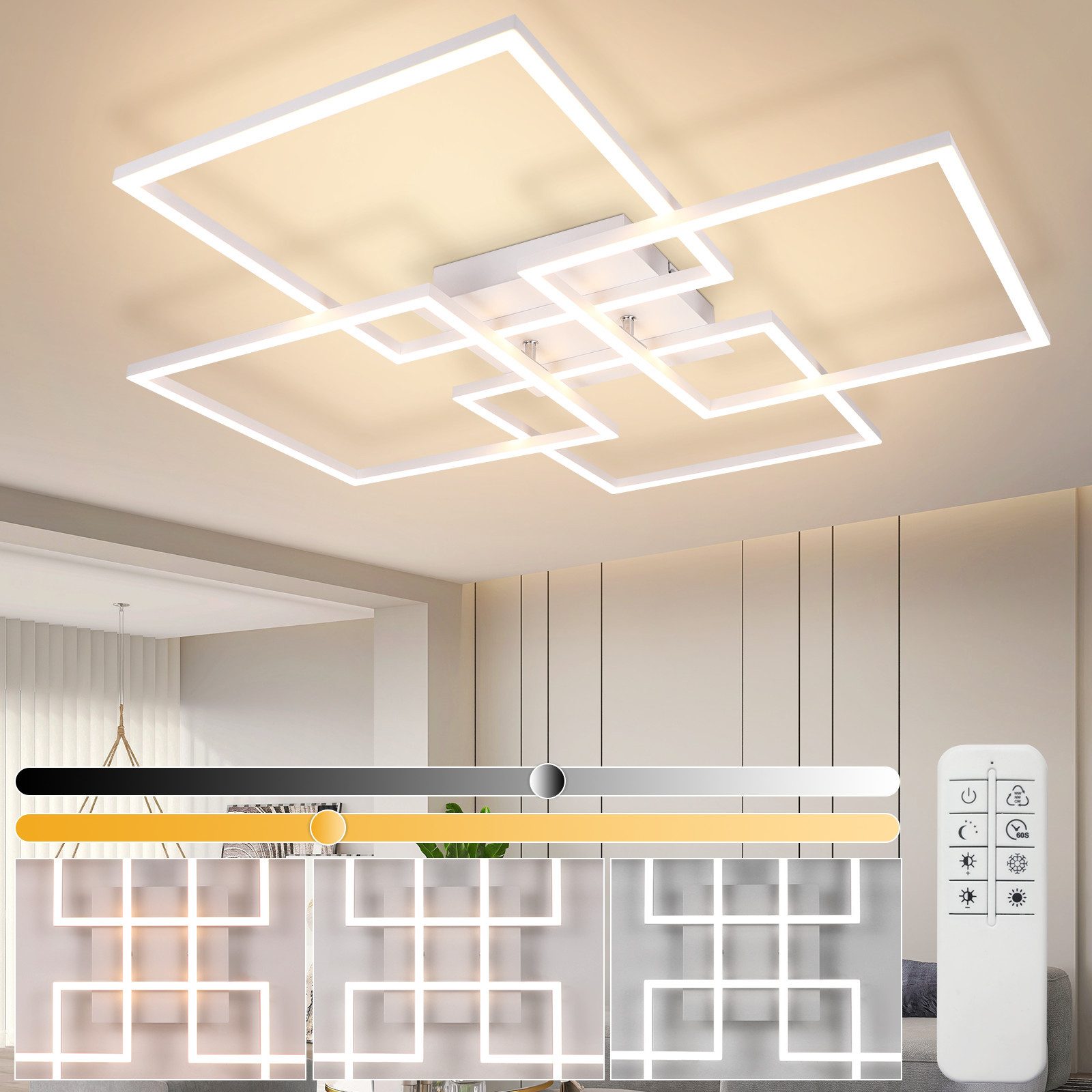 NETTLIFE LED - taklampa för vardagsrum, kök, vit, dimbar, med fjärrkontroll, modern, 3000K - 6500K, 48W