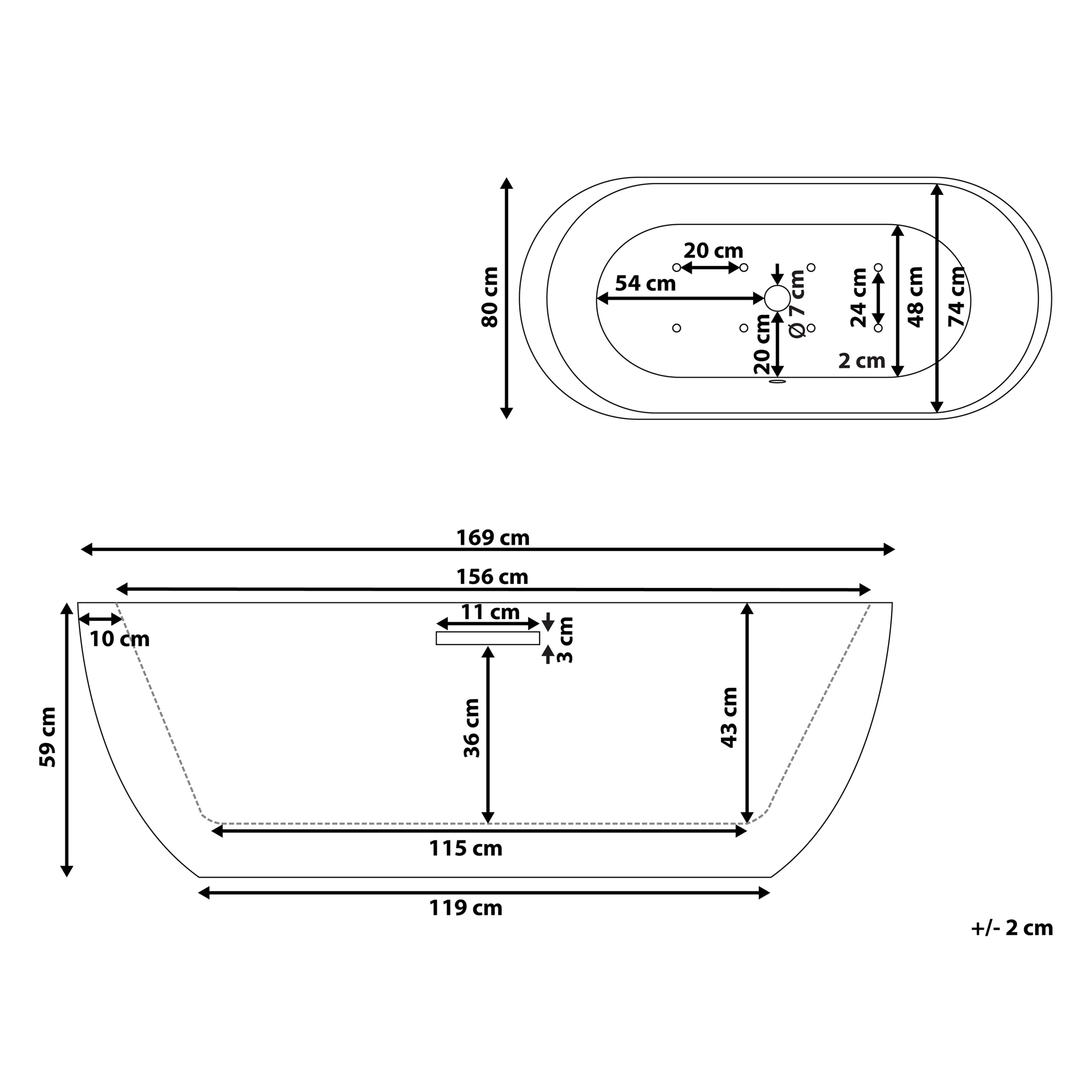 Fristående bubbelbadkar med LED NEVIS 1700 x 800 mm Vit