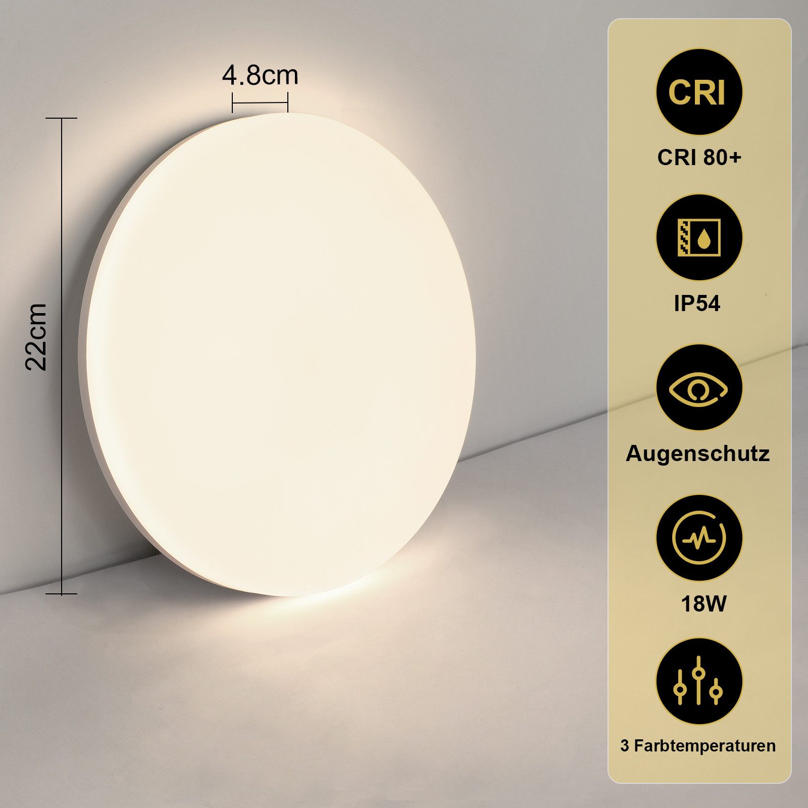 NETTLIFE LED-taklampa, 18W 22CM, rund IP54 platt dimbar, sovrum Badrumslampa med fjärrkontroll Kök Hall