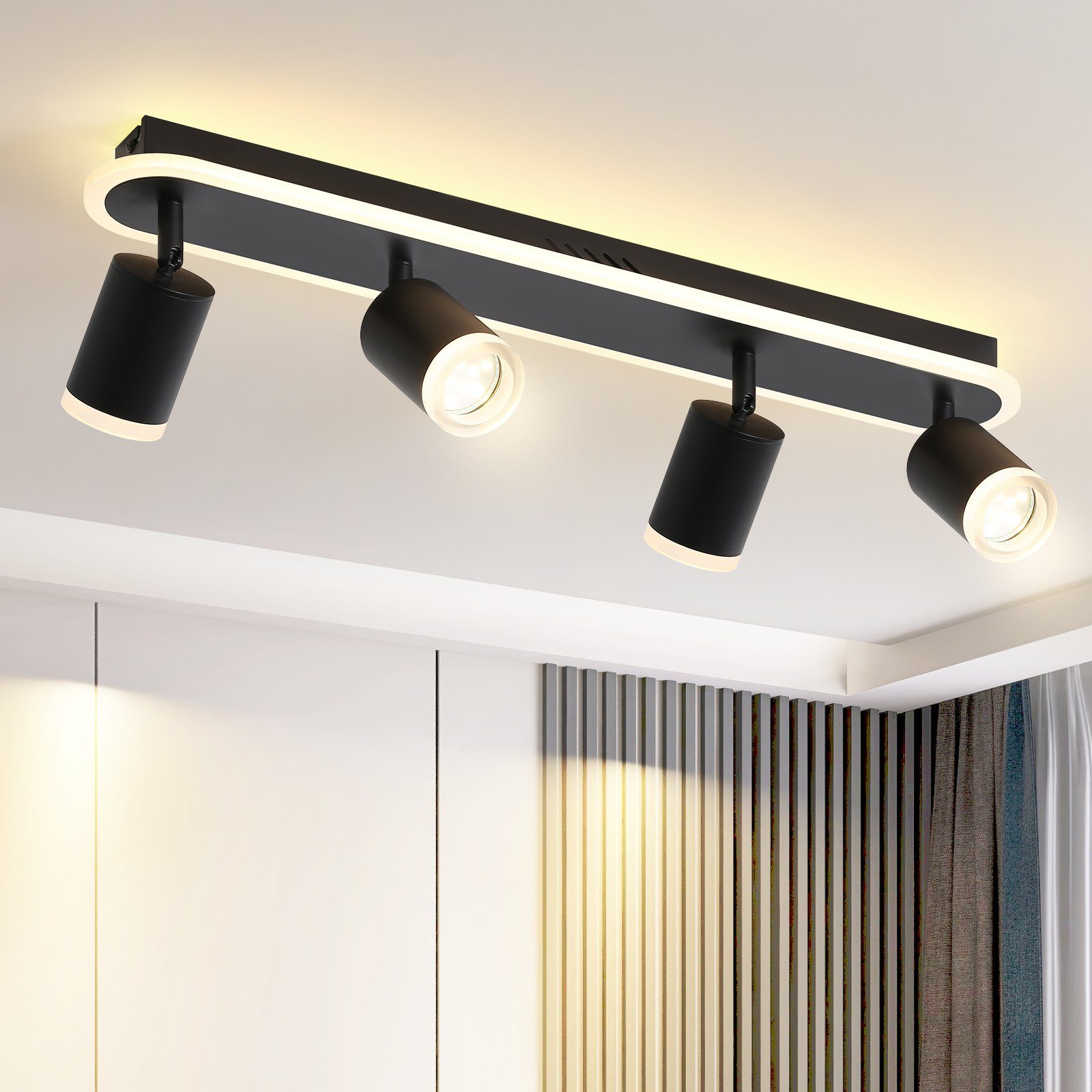 NETTLIFE 4 LED - takspotlight GU10 svart metall justerbar 330° modern varmvit spotlight för sovrum, hall, matsal