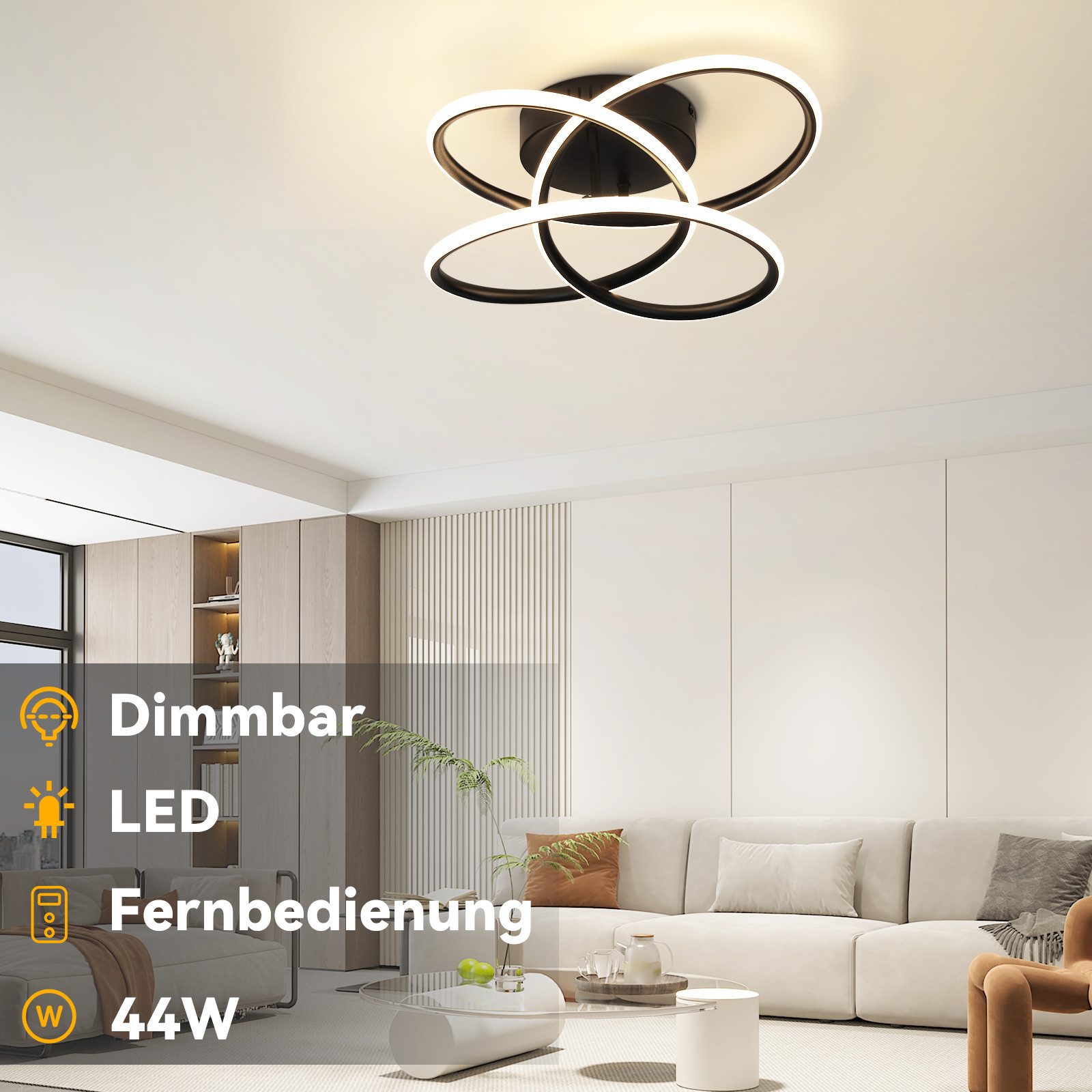 NETTLIFE LED - taklampa för hallen, modern design, dimbar, fjärrkontroll, 44W, svart
